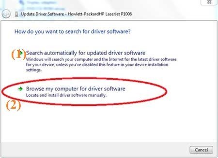Lựa chọn duyệt tìm phần mềm driver máy in đã tải về trên máy tính Windows 7