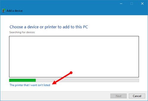 Chọn The Printer that I Want Isn’t listed khi không tìm thấy máy in tự động