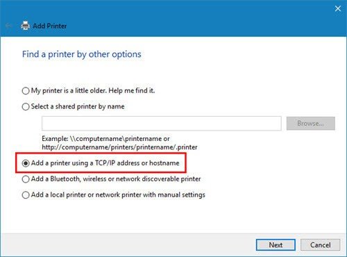 Chọn Add a Printer using a TCP/IP address or hostname cho việc kết nối máy in mạng