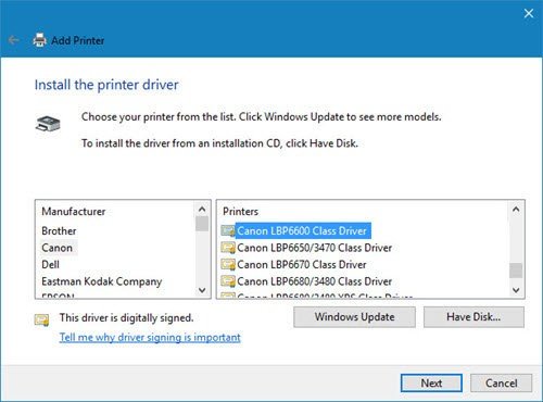 Lựa chọn đúng model máy in từ danh sách driver có sẵn trong Windows