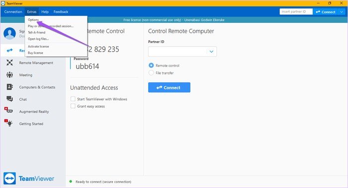 Truy cập Options từ menu Extras của TeamViewer để cài đặt driver in từ xa