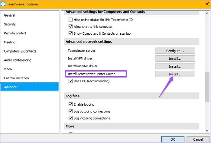 Cài đặt TeamViewer Printer Driver trong mục Advanced của TeamViewer Options
