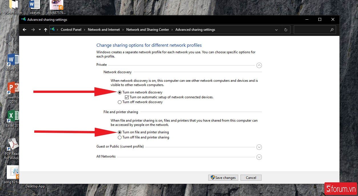 Bật khám phá mạng và chia sẻ máy in trong cài đặt chia sẻ nâng cao trên Windows