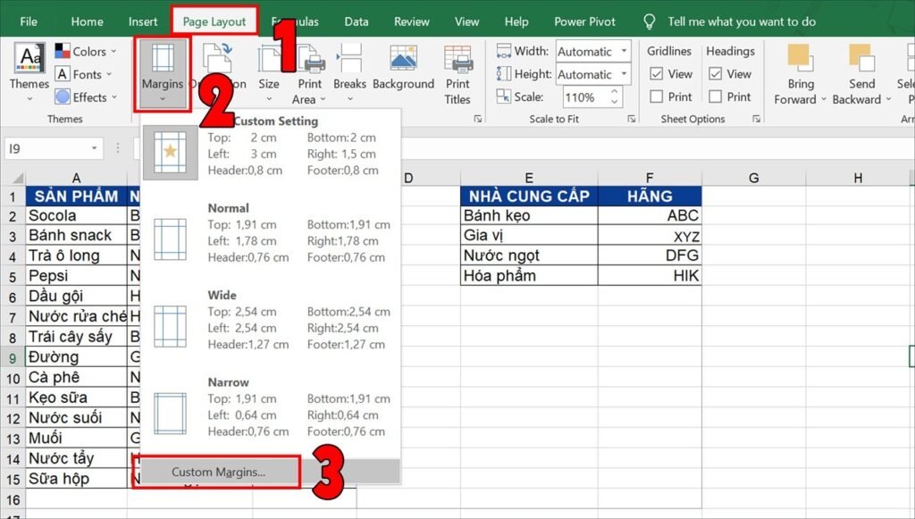 Truy cập Custom Margins từ tab Page Layout trong Excel