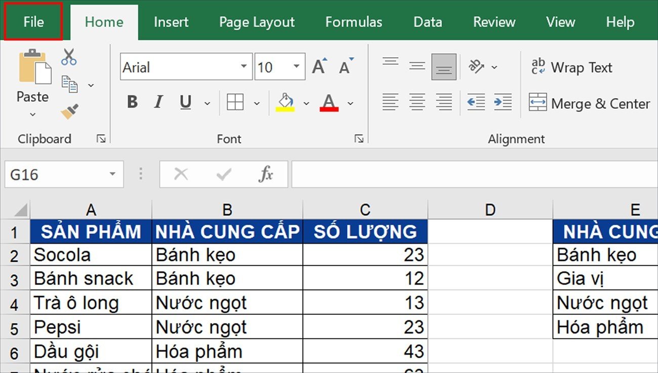 Menu File trong Excel để bắt đầu căn lề khi in