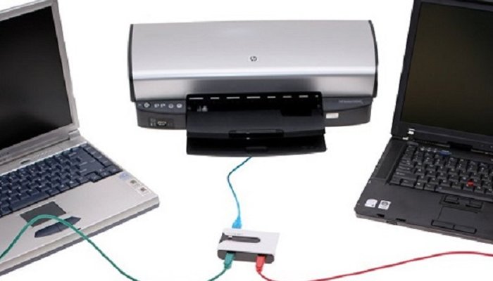Minh họa các bước chia sẻ máy in qua mạng WiFi hoặc LAN trong cài đặt Windows.