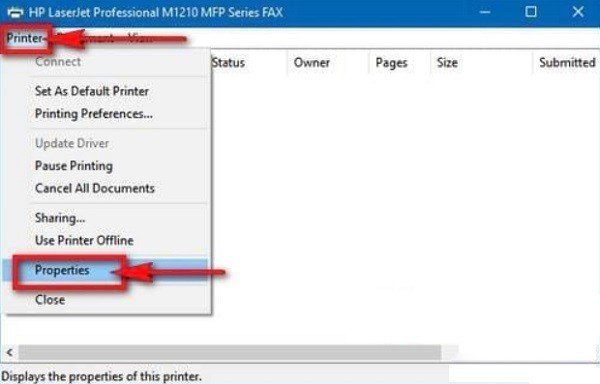 Cửa sổ quản lý máy in hiển thị tùy chọn Printer Properties để tùy chỉnh cài đặt máy in giấy.