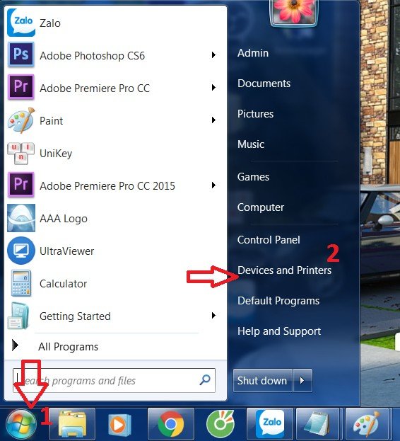 Giao diện Devices and Printers hiển thị danh sách máy in trong Windows 7 để người dùng chọn máy in mặc định