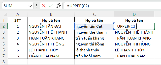 Hướng dẫn chuyển chữ thường thành chữ in hoa Excel bằng hàm UPPER