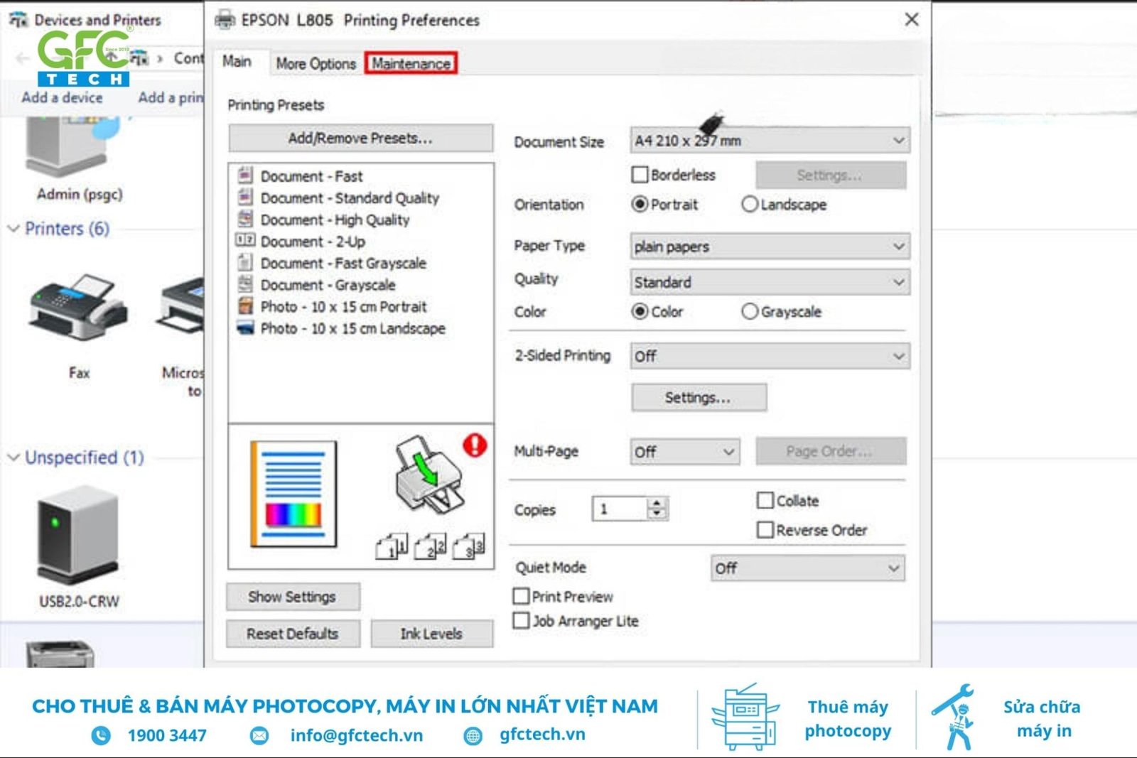 Tìm tab Maintenance hoặc Utility trong Printing Preferences để mở công cụ clear mực máy in Epson