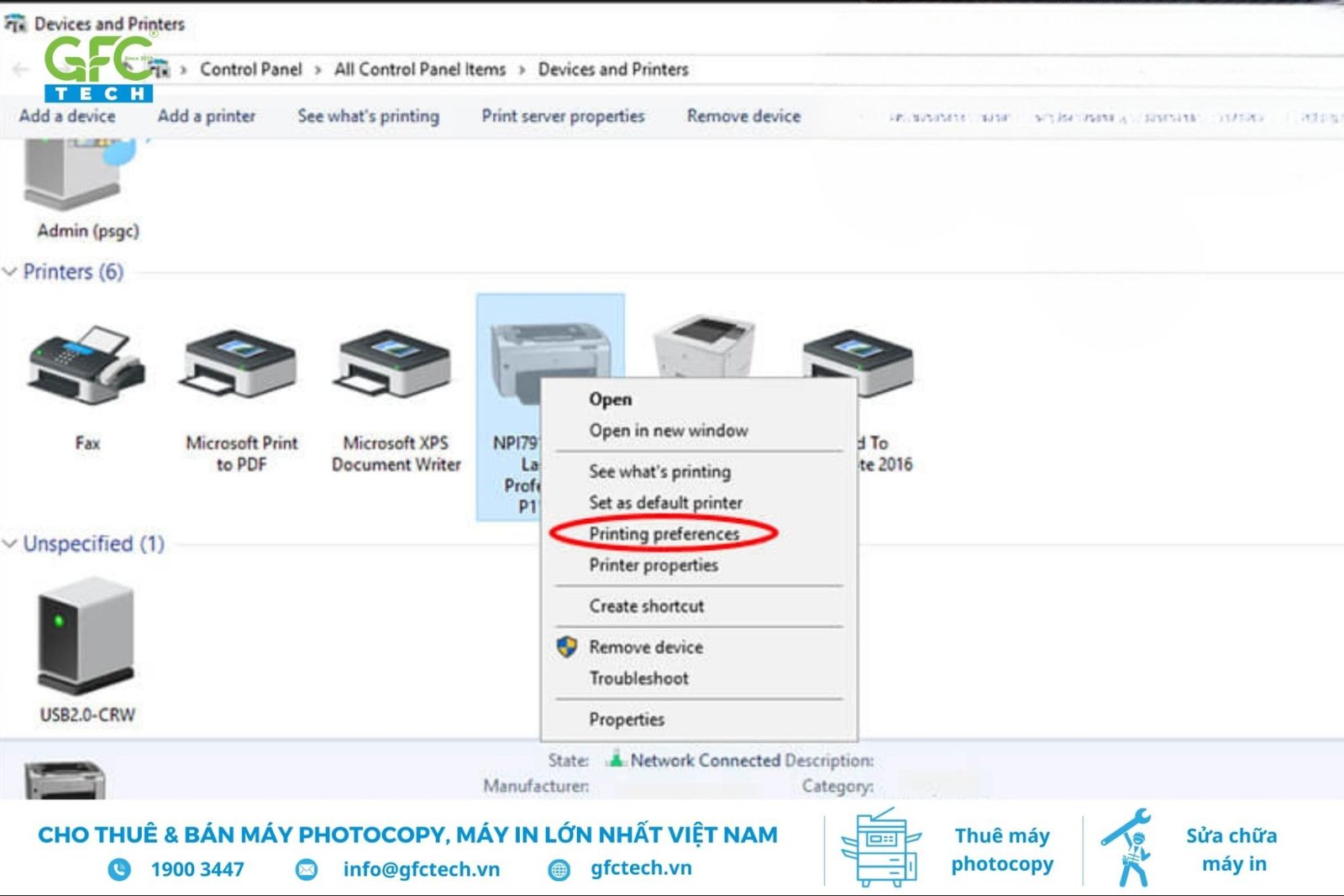 Chọn máy in Epson cần clear mực và truy cập Printing Preferences để vào cài đặt bảo trì