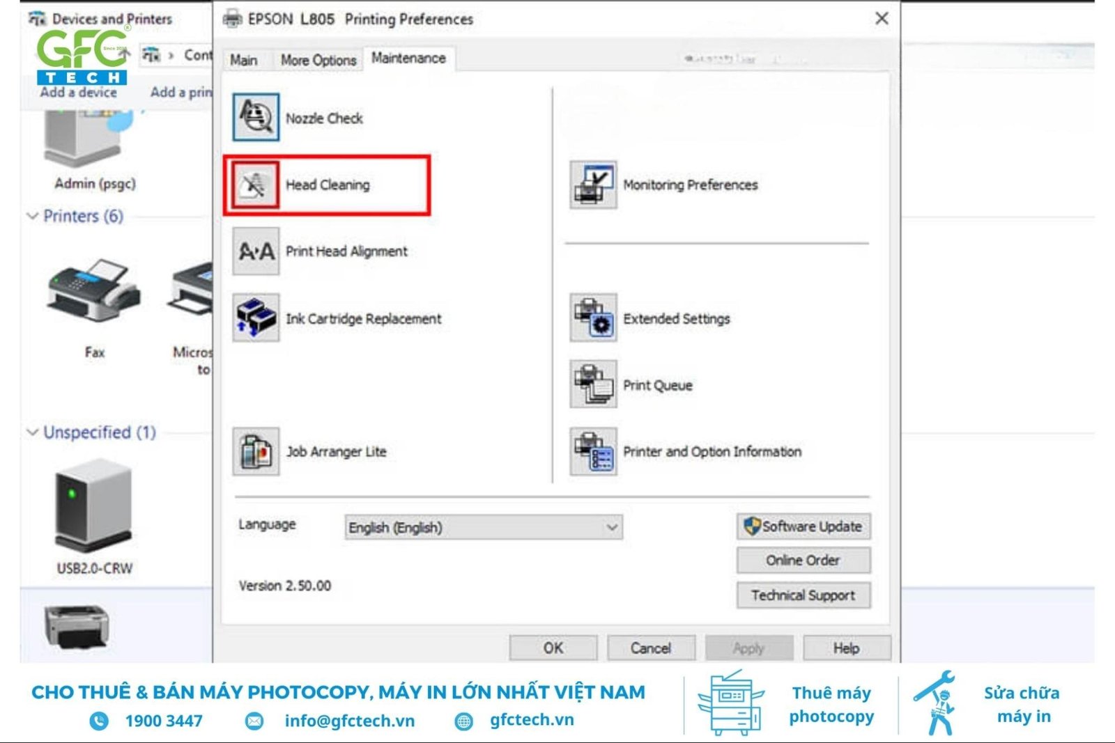 Tùy chọn Head Cleaning trong mục Maintenance của máy in Epson L805
