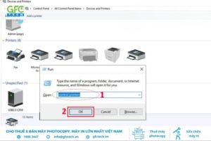 Giao diện Control Panel hiển thị mục Devices and Printers để bắt đầu hướng dẫn clear mực máy in