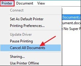 Menu Printer chọn Cancel All Documents để xóa tất cả lệnh in