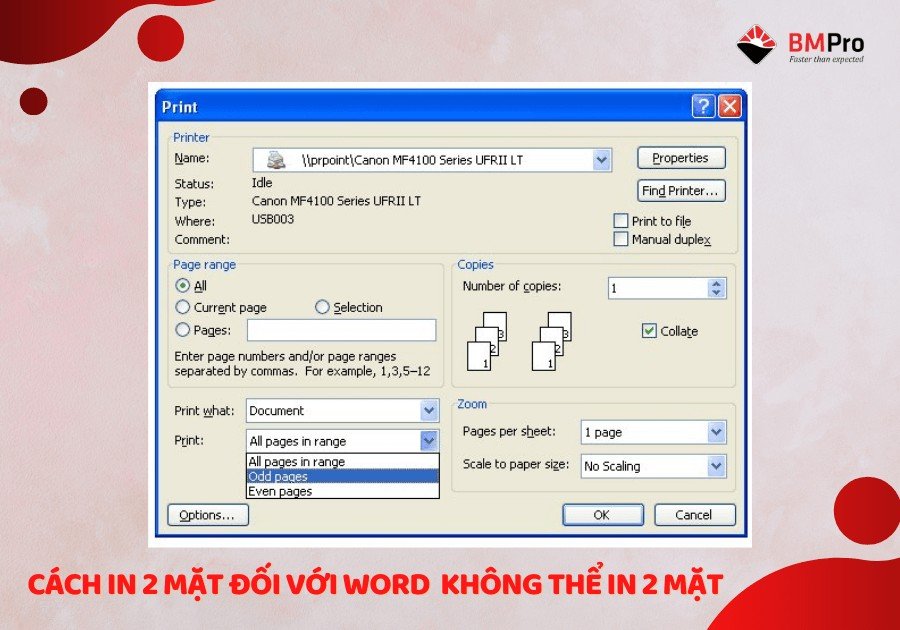 Chọn Odd Pages only trong cài đặt in Word
