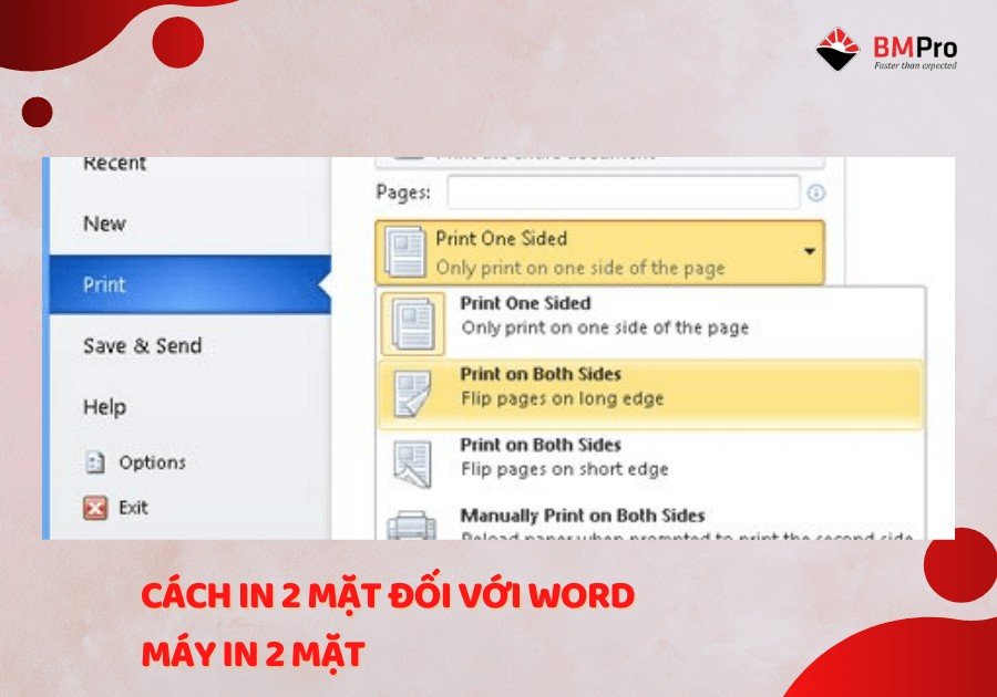 Tùy chọn Print on both sides trong cài đặt in Word cho máy in hỗ trợ