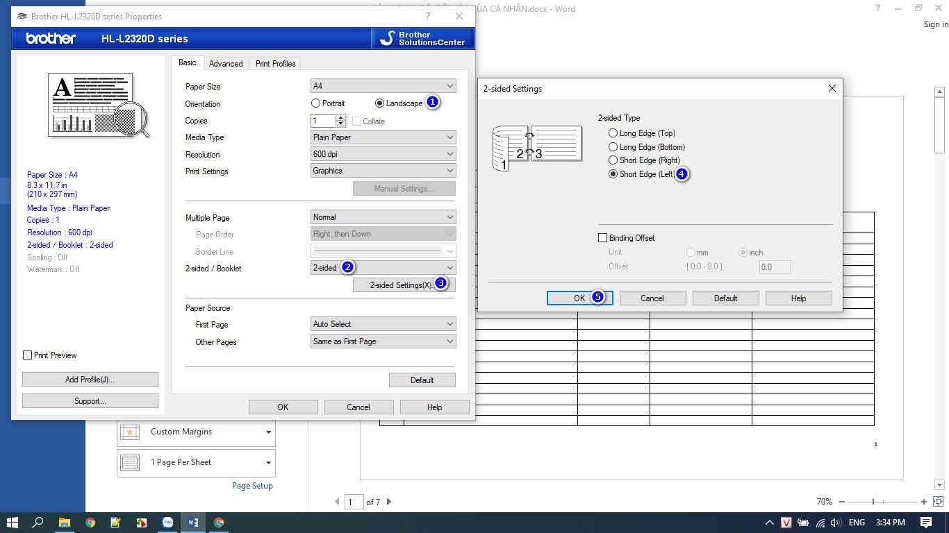 Minh họa cách chọn chế độ in 2 mặt cho máy in Brother HL L2360D khi in giấy ngang không bị ngược