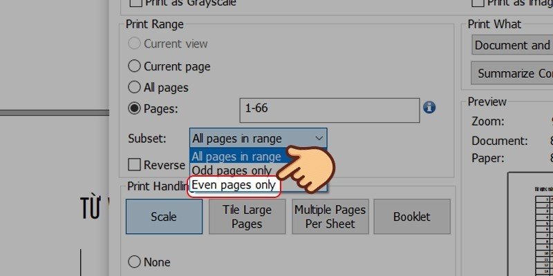 Sau khi lật giấy, chọn in các trang chẵn (Even pages only) để hoàn tất in hai mặt PDF