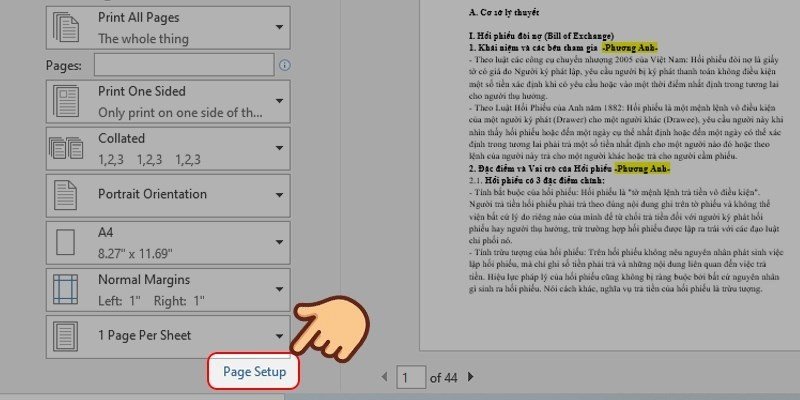 Vào mục Page Setup để tùy chỉnh các thiết lập nâng cao cho việc in lật mặt giấy thủ công trong Word