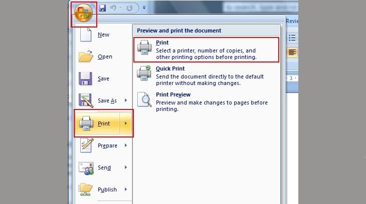 Hộp thoại Print trong Word 2007 để bắt đầu cách in 2 mặt trên máy in 1 mặt