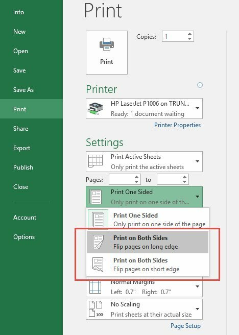 Lựa chọn Print One Sided trong cài đặt in Excel để thực hiện cách in 1 mặt giấy