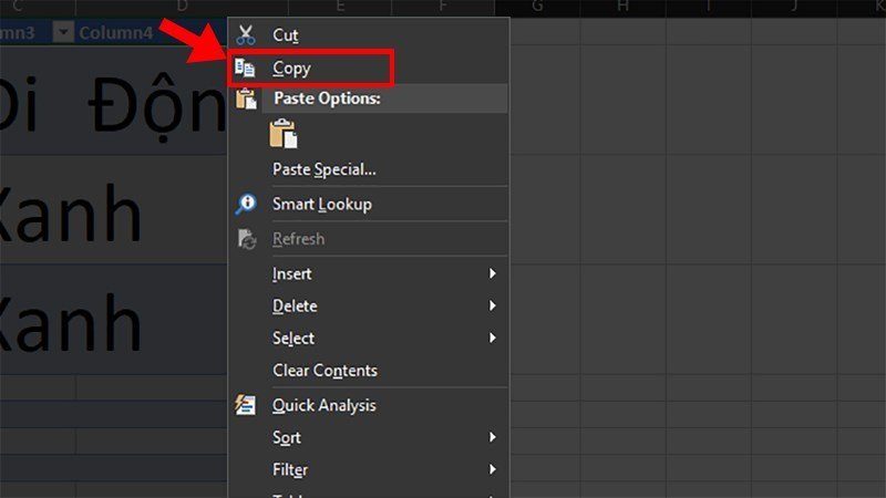 Nhấn Ctrl C hoặc chọn Copy để sao chép dữ liệu Excel đã chọn