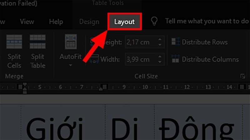 Chọn tab Layout trong Word để điều chỉnh kích thước bảng dữ liệu từ Excel