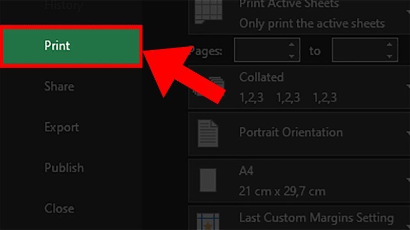 Chọn mục Print trong Excel để truy cập các tùy chọn in ấn tài liệu