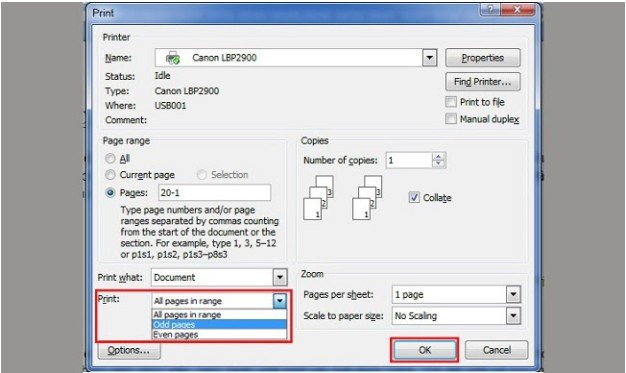 Hộp thoại Print với các tùy chọn in trang lẻ chẵn tương tự như trong Word 2003 và Word 2007