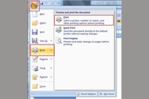 alt="Giao diện Print trong Word 2007 hiển thị nút Microsoft Office và tùy chọn Print để thực hiện cách in 2 mặt word"
