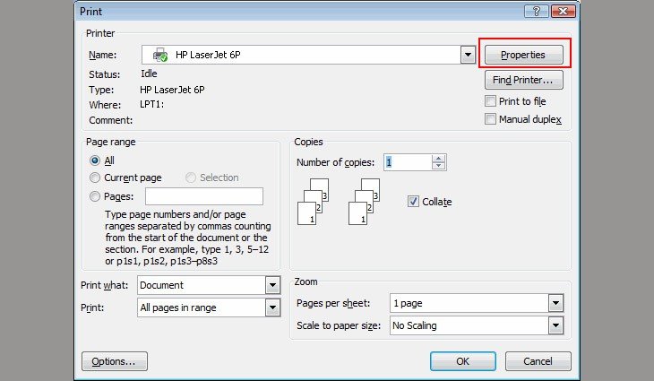 Truy cập Properties của máy in để cấu hình in hai mặt tự động trong Word