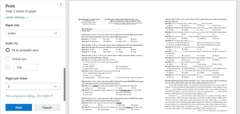 Cách chọn multiple pages per sheet để in 2 trang pdf trên 1 mặt giấy