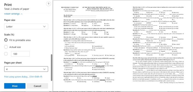 Giao diện in của trình đọc PDF hiển thị tùy chọn "Multiple pages per sheet" để in nhiều trang nhỏ trên một tờ giấy lớn.