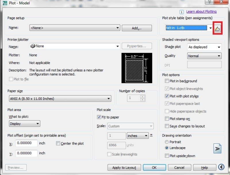 Cài đặt chi tiết thuộc tính nét vẽ trong bảng Plot Style Editor