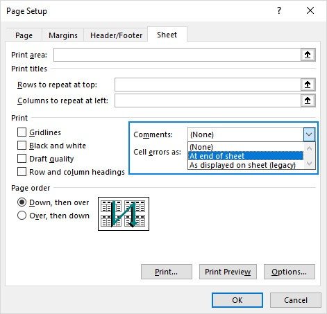 Hộp thoại Thiết lập Trang Excel hiển thị tùy chọn in Nhận xét
