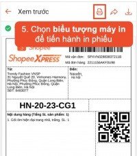 Màn hình xác nhận và in phiếu giao hàng trên ứng dụng Shopee