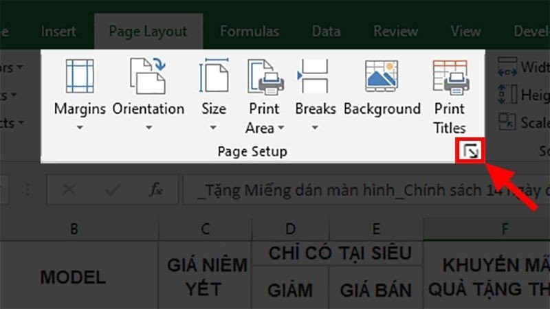 Nhấn vào biểu tượng mở rộng trong Page Setup để thiết lập in excel khổ a4