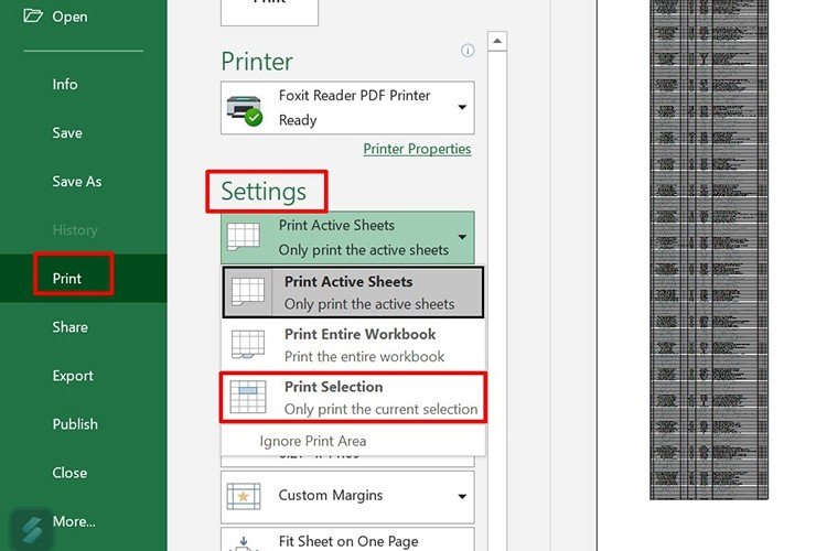 Tùy chọn Print Selection trong Excel để chỉ in vùng dữ liệu đã chọn vừa trang