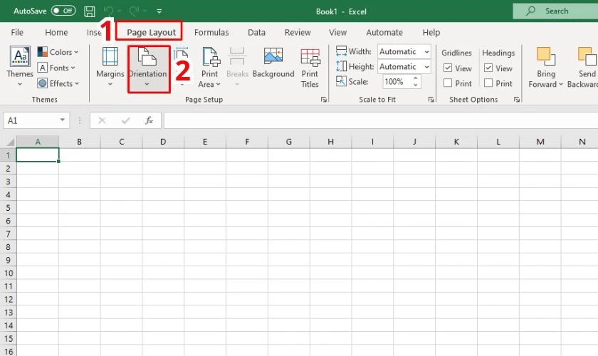 Chọn vào tab Page Layout rồi chọn sau đó chọn vào Orientation để thay đổi hướng trang in