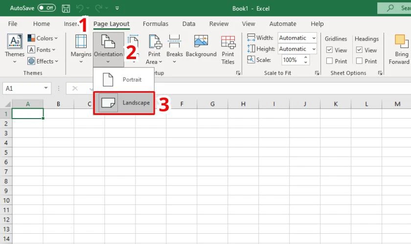 Chọn Landscape để chuyển trang in Excel thành dạng ngang