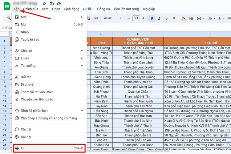 Mở tùy chọn Print trong Google Sheets để bắt đầu cài đặt in vừa trang