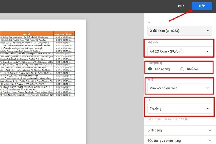 Cài đặt Paper size, Scale và Margins trong Google Sheets để in vừa trang A4