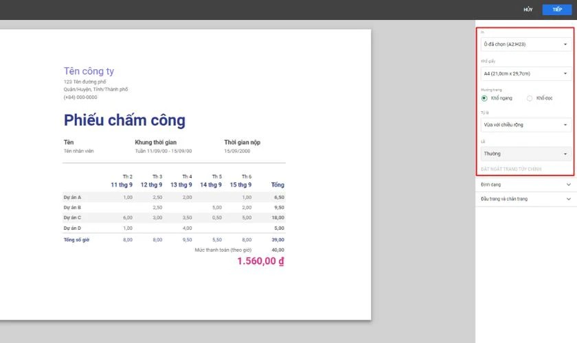 Tùy chỉnh thông số in trong Google Sheets phù hợp với giấy A4 và mục đích của bạn