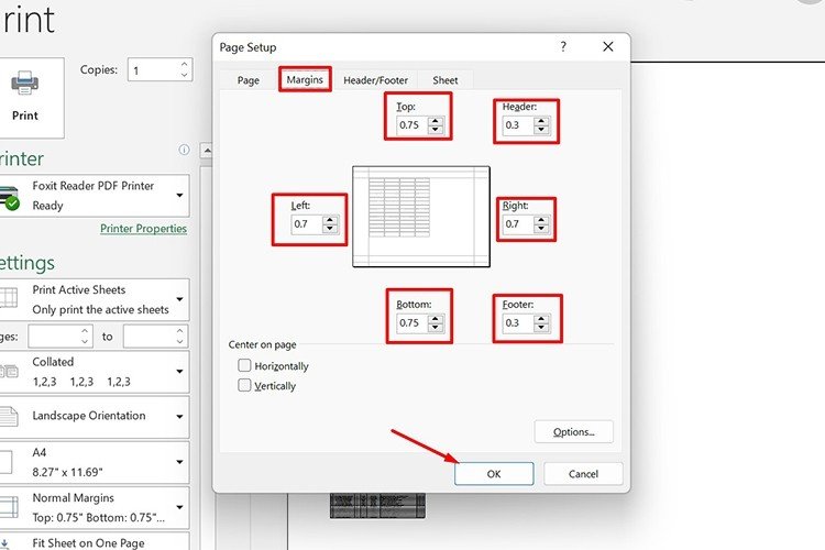 Hộp thoại Page Setup cho phép tùy chỉnh chi tiết các thông số lề khi in