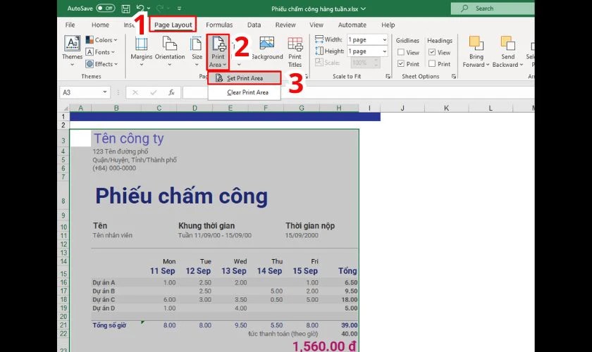 Click chọn Set Print Area để chỉ định vùng dữ liệu sẽ được in trong Excel