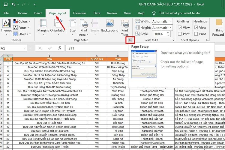 Cửa sổ Page Setup trong Excel