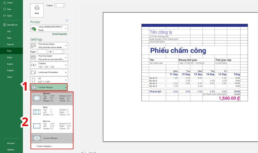 Tùy chọn thông số lề trước khi in trong Custom Margins của Excel