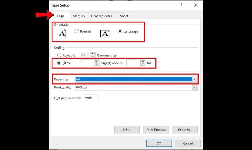 Cửa sổ Page Setup trong Excel, tùy chỉnh tỉ lệ Fit to và khổ giấy A4 để in vừa trang