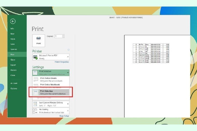 Chọn Print Selection trong cài đặt in
