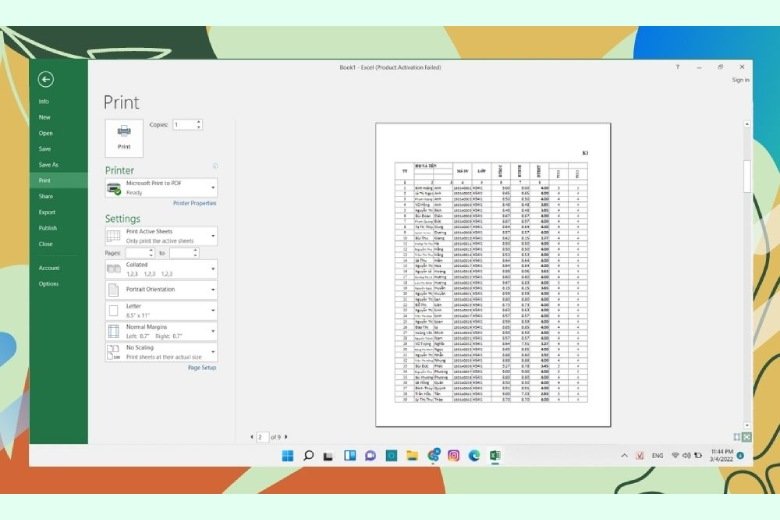 Hình ảnh xem trước sau khi thiết lập ngắt trang và in ngang Excel